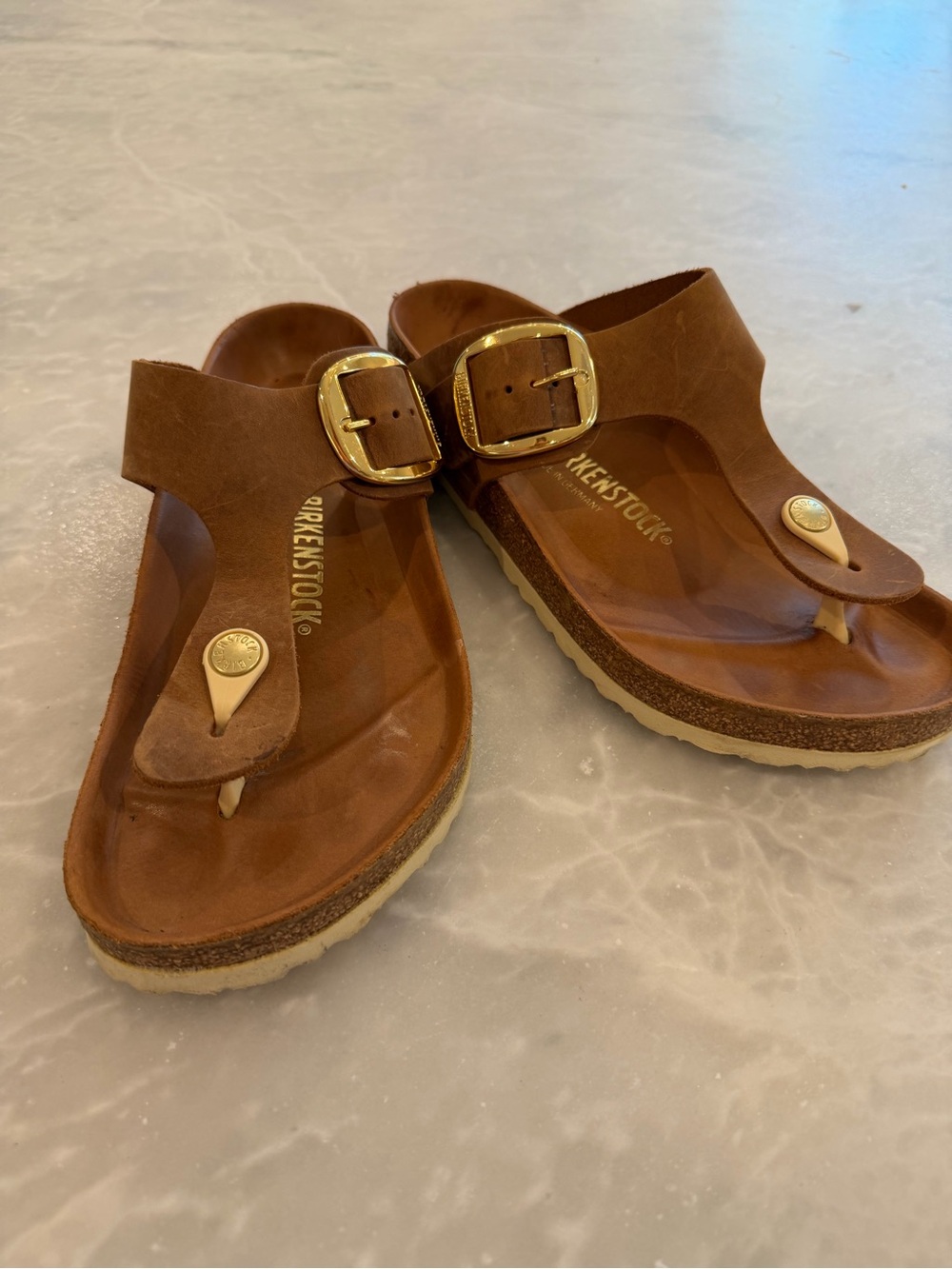 Birkenstock Brown Leather Thong Sandals with Gold Buckles - Picture 3 of 4